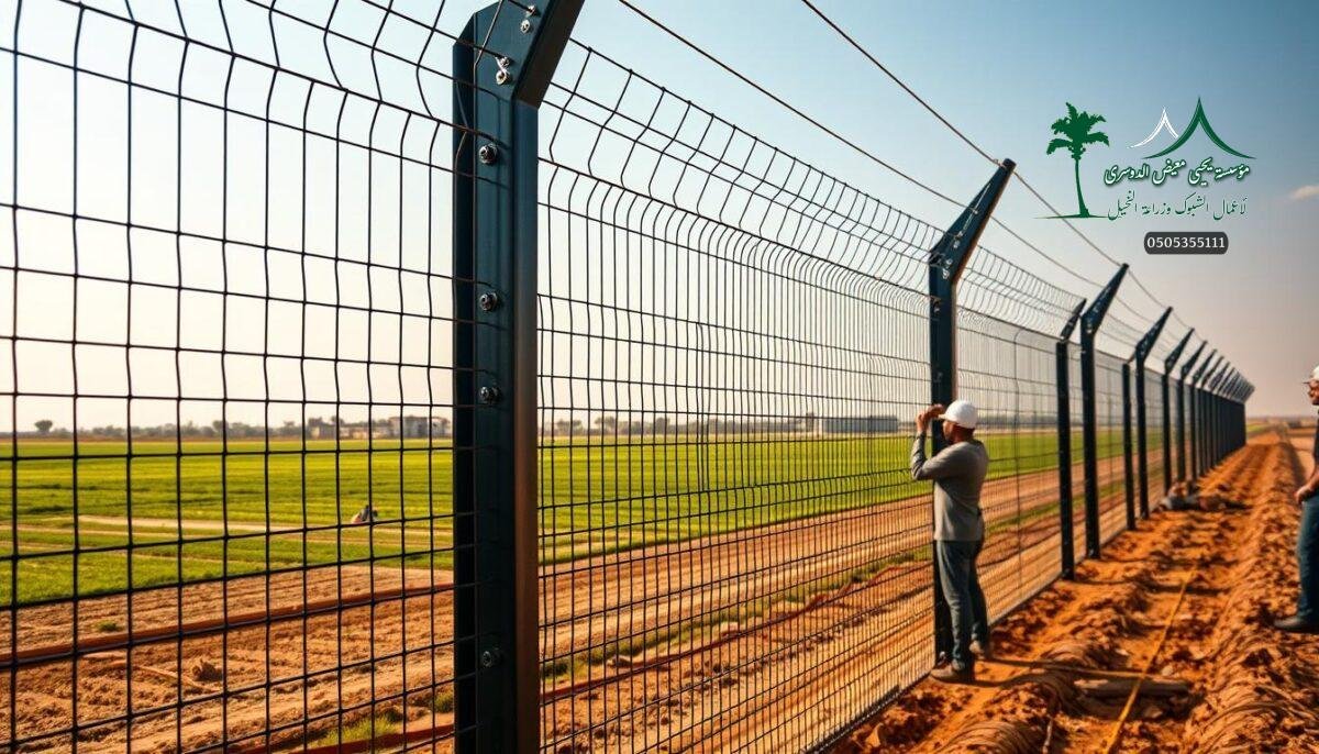High-quality metal mesh fence panels, modern electric security fencing with sleek black posts and wires, illuminated by warm natural lighting. The fence is being installed in a rural Saudi Arabian setting, with agricultural fields and buildings in the background. Skilled workers carefully position the fence sections, ensuring a sturdy and secure installation. The scene conveys a sense of safety, modernity, and attention to detail in the design and construction of this advanced electric fencing system.