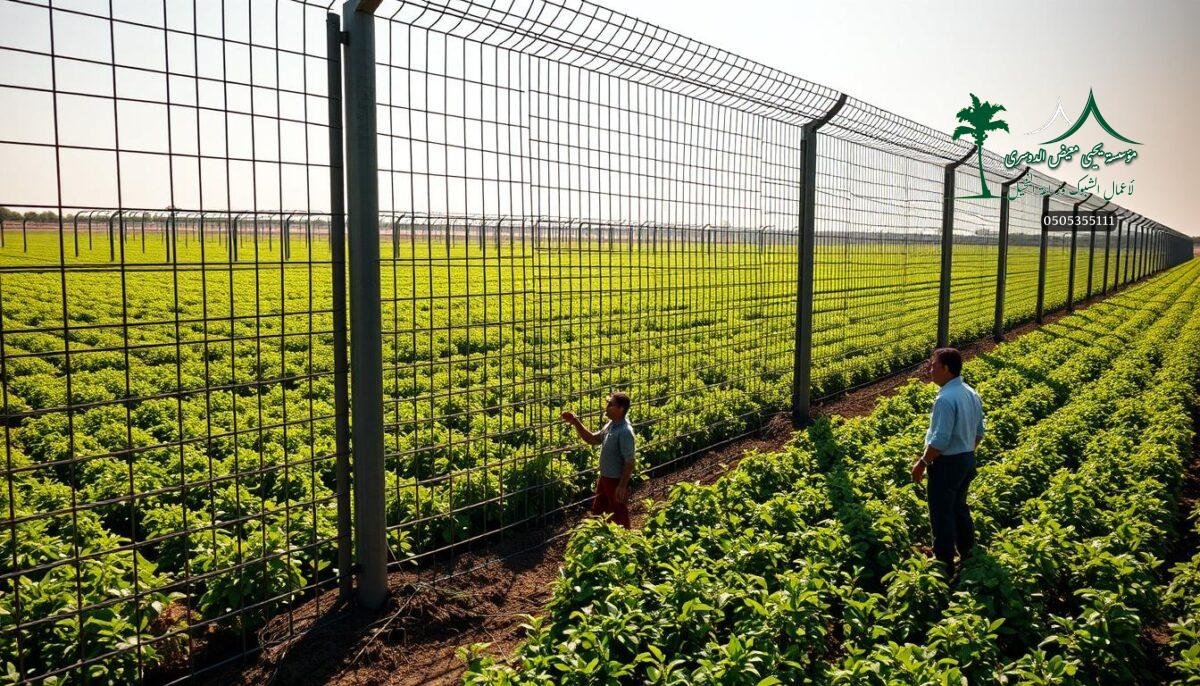 High-quality metal mesh security fencing adorns a lush, verdant farm in Riyadh, Saudi Arabia. Sturdy steel posts and intricately woven wire panels stand guard, casting dramatic shadows across the well-tended soil. Sunlight filters through the intricate lattice, creating a captivating interplay of light and shadow. In the foreground, a team of skilled workers meticulously installs the fence, ensuring a seamless, robust barrier to safeguard the valuable crops within. The scene conveys a sense of strength, security, and the unwavering dedication to protecting the land and its bounty. Attention to detail and quality craftsmanship are evident throughout, promising longevity and reliable performance for years to come.