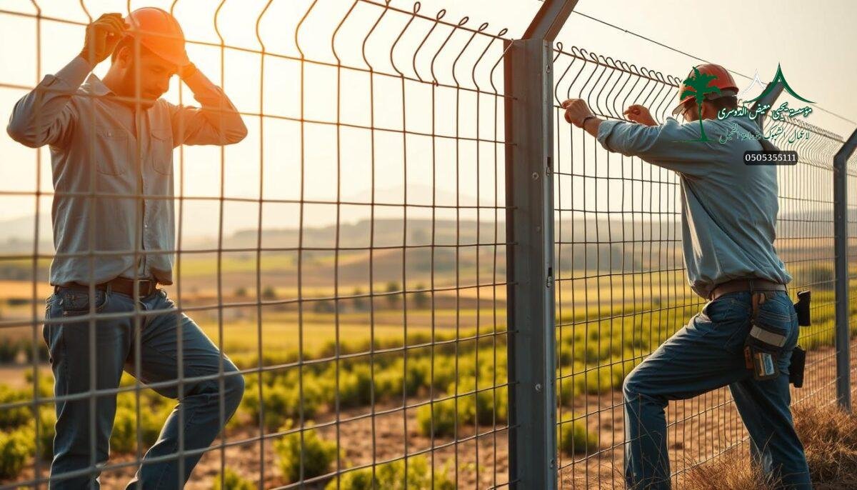 High-quality metal wire mesh fence installation at a modern farm in Saudi Arabia. The foreground shows two skilled technicians carefully securing the sturdy galvanized steel fencing posts and panels, creating a robust security barrier. The middle ground showcases the intricate lattice-like pattern of the fence, designed to withstand harsh environmental conditions. In the background, a pastoral landscape unfolds, with rolling hills and lush greenery, highlighting the integration of this practical, yet visually appealing, fencing solution. The scene is illuminated by warm, natural lighting, conveying a sense of diligence and expertise in the installation process. The overall mood is one of safety, reliability, and attention to detail in constructing effective perimeter protection for the rural property.