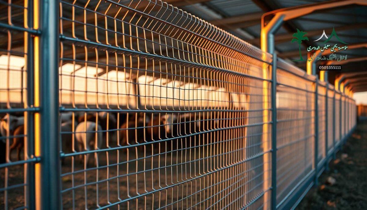 High-quality metallic wire mesh fence for long-lasting protection, installed by skilled workers on a modern Saudi Arabian farm. The fence features sturdy metal posts and intricate, interwoven wire patterns that create a secure and visually striking barrier. Warm, natural lighting illuminates the scene, emphasizing the fence's durability and attention to detail. The overall composition conveys a sense of reliability, strength, and thoughtful design, perfectly suited for ensuring the longevity and safety of the farm's assets.