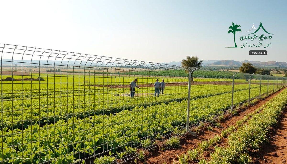 High-quality, weatherproof galvanized steel wire mesh fence, with sturdy metal frame and posts, positioned in a lush, verdant farm setting under bright, warm sunlight. The fence stretches across the foreground, its intricate lattice pattern casting dynamic shadows on the well-tended soil below. In the middle ground, a group of workers carefully install the fence, their movements purposeful and coordinated. The background reveals a panoramic vista of rolling hills, dotted with thriving crops and mature trees, creating an idyllic, productive agricultural scene. The overall composition conveys the fence's durability, versatility, and integration with the vibrant, modern Saudi Arabian countryside.