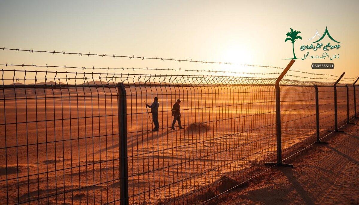 High-resolution image of a modern, secure farm fence with electrified and barbed wire strands, set against a desert landscape in Saudi Arabia. The fence stretches across the foreground, with workers in the middle ground carefully installing the metal mesh panels. Sunlight casts a warm glow, highlighting the utilitarian yet formidable design meant to deter trespassers and protect the property. The fence creates an imposing yet practical barrier, seamlessly blending functionality and environmental aesthetics.