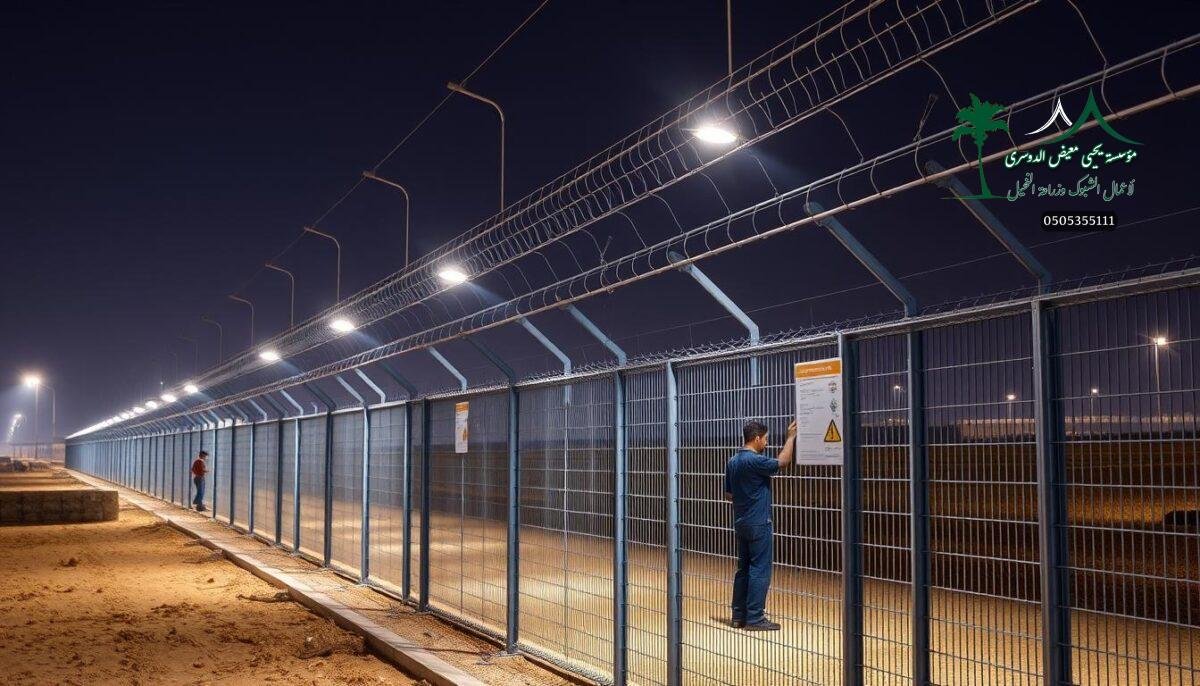 High-security electric and barbed wire fence system protecting a modern agricultural or industrial facility in Saudi Arabia. Sleek metal poles and panels with warning signs, bright lighting illuminates the perimeter. Skilled workers carefully installing the robust mesh fencing, ensuring optimal security and safety. The fence seamlessly integrates into the surrounding landscape, blending functionality with an aesthetically-pleasing design. Powerful and imposing yet elegant, this cutting-edge security solution conveys an atmosphere of strength, vigilance, and technological sophistication.