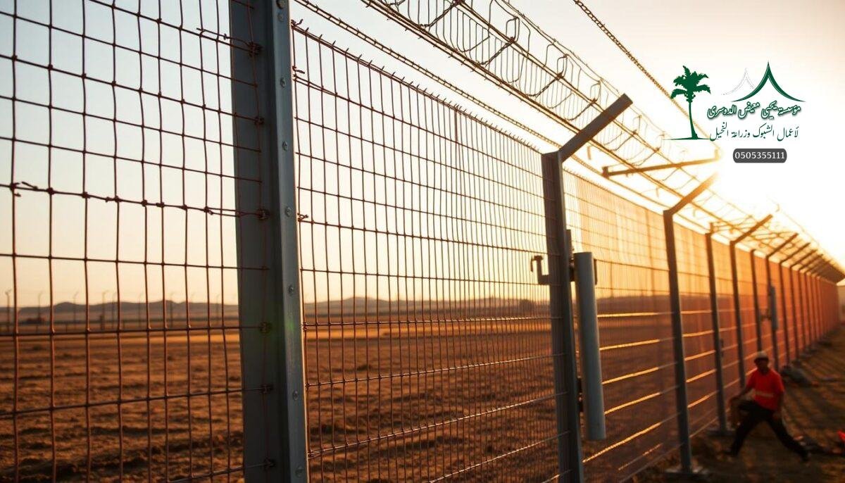 High-security electric and barbed wire fences for safety and protection, installed by workers on a modern Saudi Arabian farm. Sleek metal mesh panels and sturdy metal posts, backlit by warm sunlight, cast dramatic shadows across the scene. The fencing system appears robust and formidable, designed to deter intruders and safeguard the property. The overall impression is one of strength, durability and unwavering defense against potential threats.