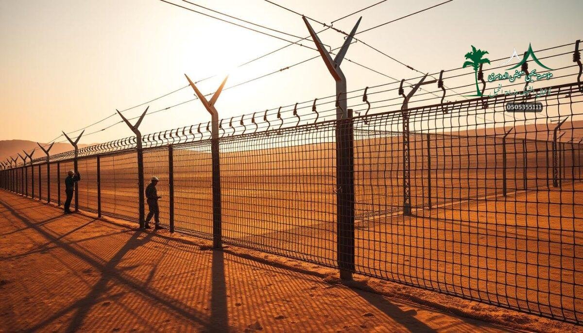 High-voltage electric fence with sharp metal spikes, casting long shadows on the desert landscape. Rugged steel posts and thick interwoven wires create an imposing barrier, designed to deter intruders. Warm sunlight filters through the mesh, casting a golden glow over the security installation. Skilled workers in protective gear carefully adjust the tension and alignment, ensuring maximum effectiveness. The fence stretches out across the horizon, blending seamlessly with the arid terrain. Convey a sense of strength, resilience and vigilance - essential qualities for an advanced perimeter defense system in the Saudi Arabian climate.