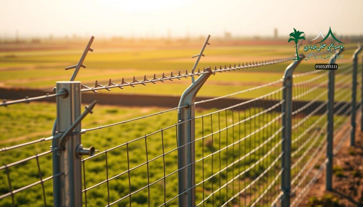 High-voltage electric fence with sharp spikes, casting an ominous presence across a modern Saudi Arabian farm. Sleek metal posts topped with rows of jagged blades glisten in the bright sunlight, creating a formidable barrier against any potential intruders. In the foreground, workers carefully install the reinforced wire mesh, ensuring maximum security and protection for the valuable livestock within. The fence stretches out across the lush green fields, creating an impenetrable perimeter around the property. Powerful, rugged, and built to withstand the harshest conditions, this electric fence embodies the ideal of effective, high-quality farm security in the Kingdom's future.