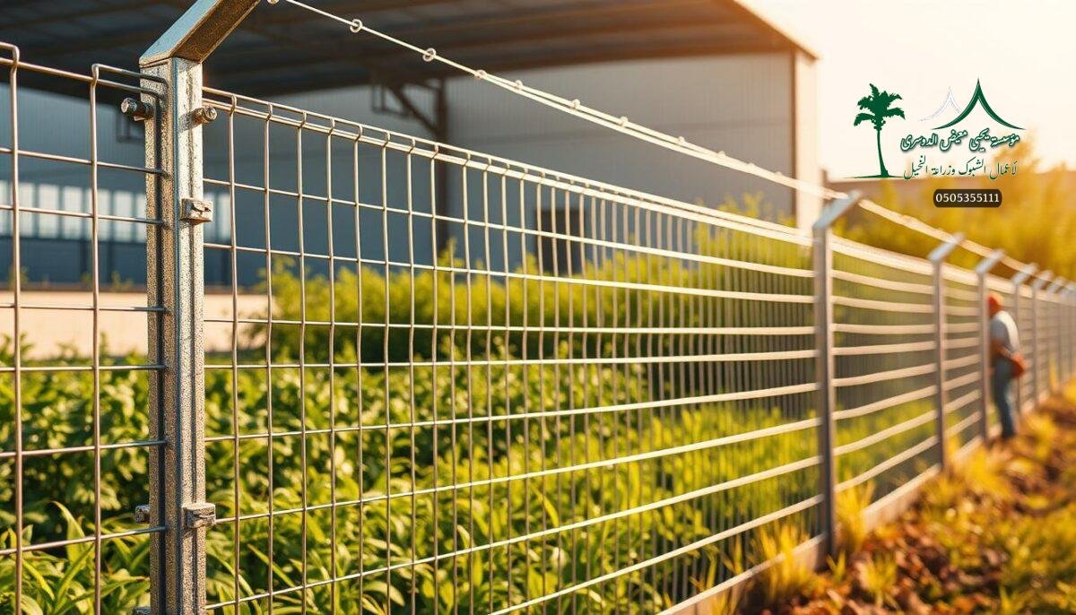 Highly detailed and photorealistic image of a galvanized metal wire mesh fence, showcasing its robust and durable construction. The fence is installed in a modern agricultural or industrial setting, surrounded by lush green vegetation and under a warm, golden-hued lighting that accentuates the metallic shine. The fence panels are precisely measured and expertly assembled, conveying a sense of quality craftsmanship and attention to detail. In the foreground, a team of workers can be seen carefully installing the fence, highlighting the fence's longevity and the skilled labor required to ensure a secure and long-lasting installation.