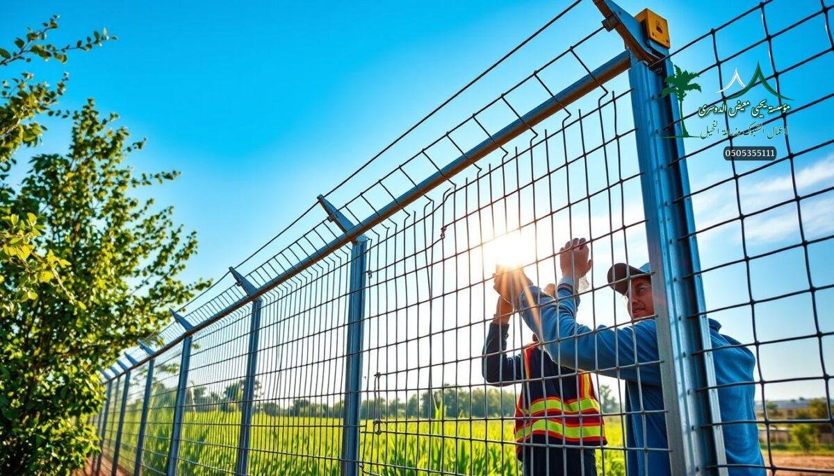 Highly detailed and realistic image of a galvanized iron farm fence being installed by workers on a modern Saudi Arabian farm. The fence features a robust, industrial-strength metal mesh structure with a silver metallic sheen, cast against a backdrop of lush green foliage and clear blue skies. Sunlight streams through the fence, casting intricate shadows and highlights that accentuate the sturdy, weatherproof construction. The workers, clad in protective gear, meticulously secure the fence panels, showcasing the precision and care required for this long-lasting, corrosion-resistant fencing solution.