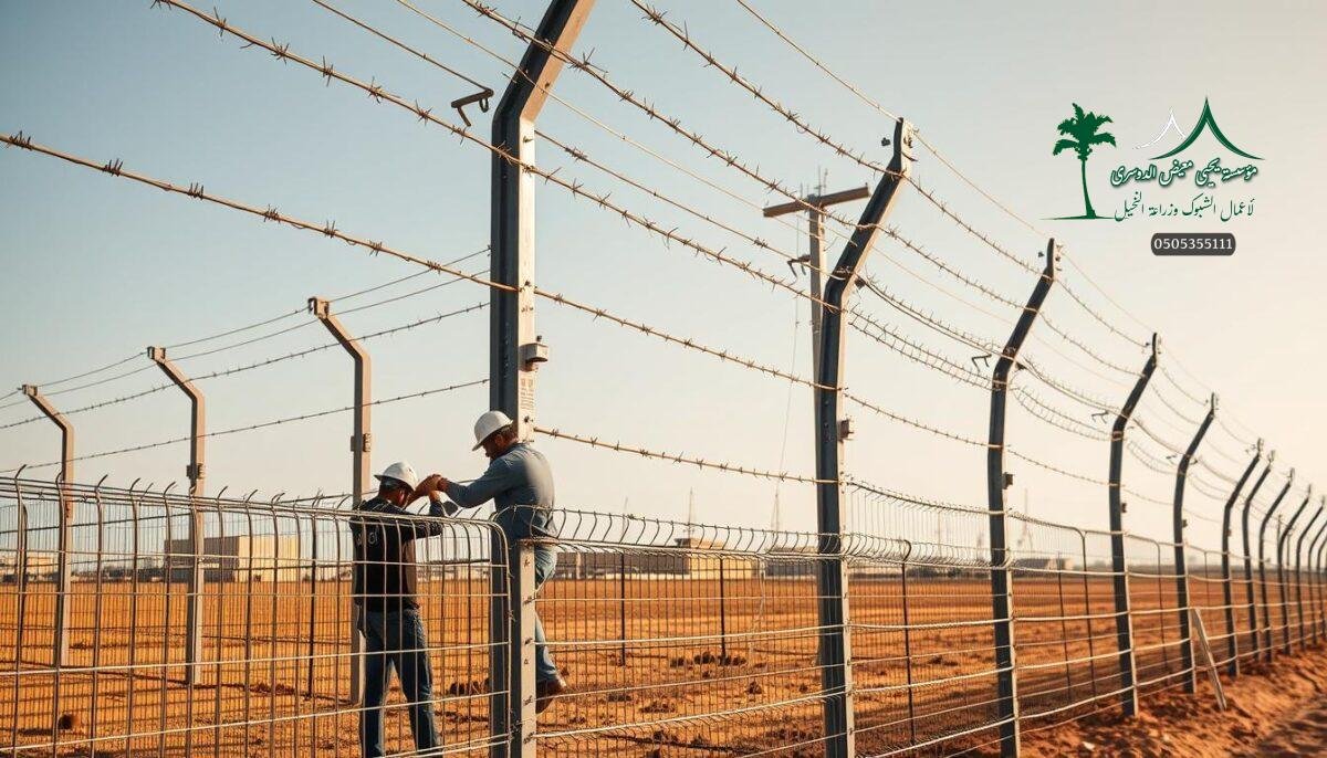 Highly detailed, hyper-realistic image of a modern farm security fence in Saudi Arabia, featuring a combination of electrified barbed wire and sharp, spiked metal components. The fence stands tall and imposing, with a mix of vertical and horizontal elements that create a formidable barrier. In the foreground, workers are carefully installing the metal mesh, ensuring a seamless and secure installation. The scene is bathed in warm, natural lighting, casting dynamic shadows that accentuate the texture and depth of the fencing materials. The overall atmosphere conveys a sense of strength, durability, and an unwavering commitment to safety and protection.