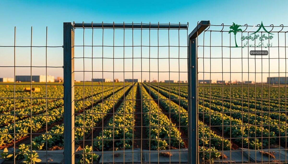 Highly detailed photograph of galvanized steel wire mesh fencing against a backdrop of a modern farm landscape in Jeddah, Saudi Arabia. The sturdy, rust-resistant mesh panels are precisely installed by skilled workers, showcasing the robust engineering design. The fencing stands tall, casting striking shadows that accentuate its industrial yet elegant aesthetic. Warm, natural lighting illuminates the scene, highlighting the metallic sheen and providing a sense of depth and dimensionality. The overall composition conveys the exceptional quality and durability of this galvanized steel wire mesh, perfectly suited for agricultural and security applications in the region.