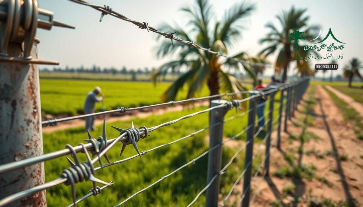 Highly detailed, wide-angle photograph of a modern electric and barbed wire fence system installed on a Saudi Arabian farm. The foreground shows the intricate metalwork and sharp spikes of the sturdy fencing material, designed to deter intruders. The middle ground depicts farm workers carefully installing the fence posts and tensioning the wires to ensure maximum security. In the background, lush green fields and palm trees create a tranquil agricultural setting. The lighting is crisp and natural, with the sun casting long shadows that accentuate the fence's imposing presence. The overall scene conveys a sense of strength, durability, and unwavering protection for the valuable farmland.