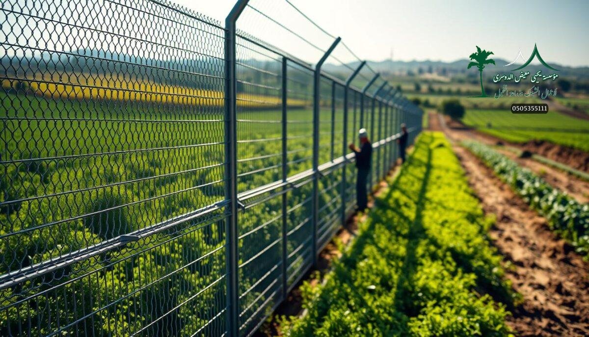 Highly durable galvanized steel fence panels with intricate mesh patterns cast long shadows across a lush, verdant farmscape. Sunlight glints off the metallic surface, highlighting the robust construction and attention to detail. In the foreground, workers expertly install the rust-resistant fencing, securing the property boundaries with precision. The fence seamlessly blends into the rural environment, offering reliable protection for livestock and crops. Subtle textures and depth of field create a sense of realism, showcasing the modern, innovative solutions for agricultural fencing in the Saudi Arabian countryside.