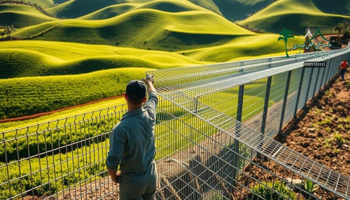 Lush, rolling hills of Hail's farmlands, where a skilled crew installs a sturdy, sleek security fence. Gleaming steel mesh panels, interwoven with precision, creating a robust barrier to protect the verdant fields. Sunlight dances across the surface, casting dynamic shadows that accentuate the fence's modern, minimalist design. In the foreground, a solitary worker oversees the installation, their focused movements reflecting the importance of this integral agricultural infrastructure. The scene exudes a sense of order, security, and the unwavering commitment to safeguarding the region's thriving agricultural future.