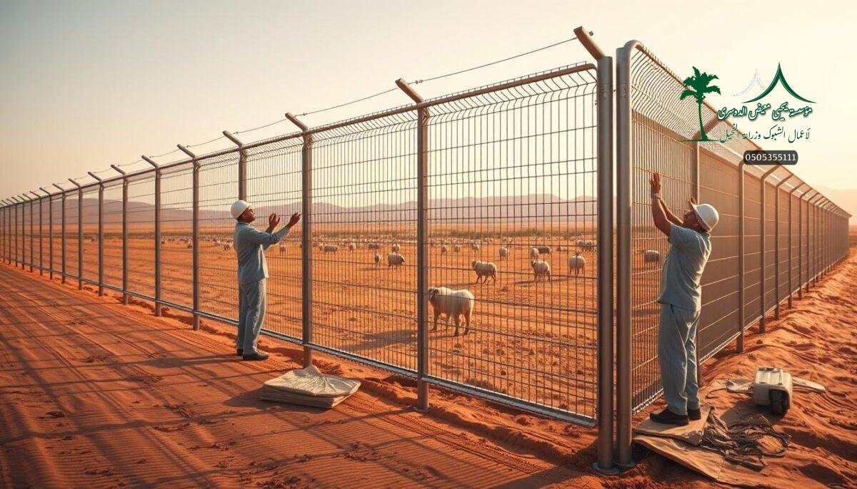 Sleek, contemporary metallic farm fences rise against the arid Saudi Arabian landscape in 2026. Sturdy mesh panels intertwine, creating a robust barrier tailored to safeguard fields and livestock. Skilled technicians meticulously install the modular system, their efficient movements hinting at the fence's versatile functionality. Warm sunlight bathes the scene, casting subtle shadows that accentuate the fence's angular, modern design. The overall atmosphere conveys a sense of secure, innovative agricultural protection fit for the new decade.