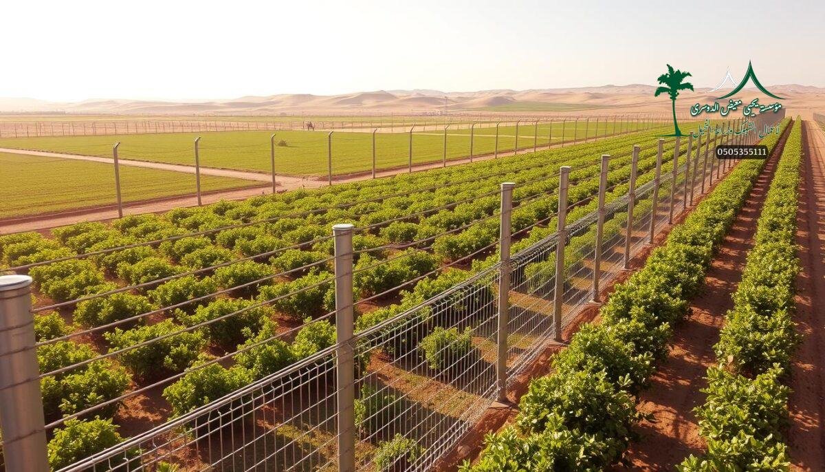 Sprawling farm in the Jawf region, Saudi Arabia, 2026. A robust metal mesh fence system shields the lush agricultural landscape. Meticulously engineered steel posts, interwoven with durable wire panels, stand tall against the arid environment. Skilled workers diligently install the reinforced barrier, ensuring maximum protection for the thriving crops. Sunlight glints off the galvanized components, creating a sleek, modern aesthetic that blends seamlessly with the rural setting. The fence's sturdy construction and weatherproof design safeguard the valuable farmland from the harsh desert climate, preserving the region's agricultural bounty for the years ahead.