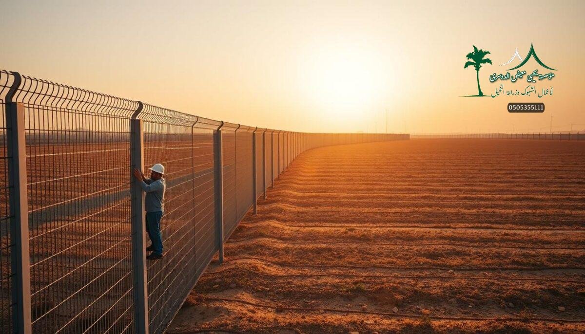 Sprawling field of sleek, contemporary security fences in Saudi Arabia. A team of skilled workers meticulously installing sturdy metal mesh panels, creating a robust barrier that blends seamlessly with the landscape. The fences stand tall, their smooth lines and modern design conveying a sense of strength and protection. Warm, golden sunlight filters through, casting a natural glow on the scene. The fences stretch out towards the horizon, their precision-engineered structure hinting at the high-quality craftsmanship involved. This image captures the essence of the 2026 fence offerings - durable, visually striking, and tailored to the needs of the region.