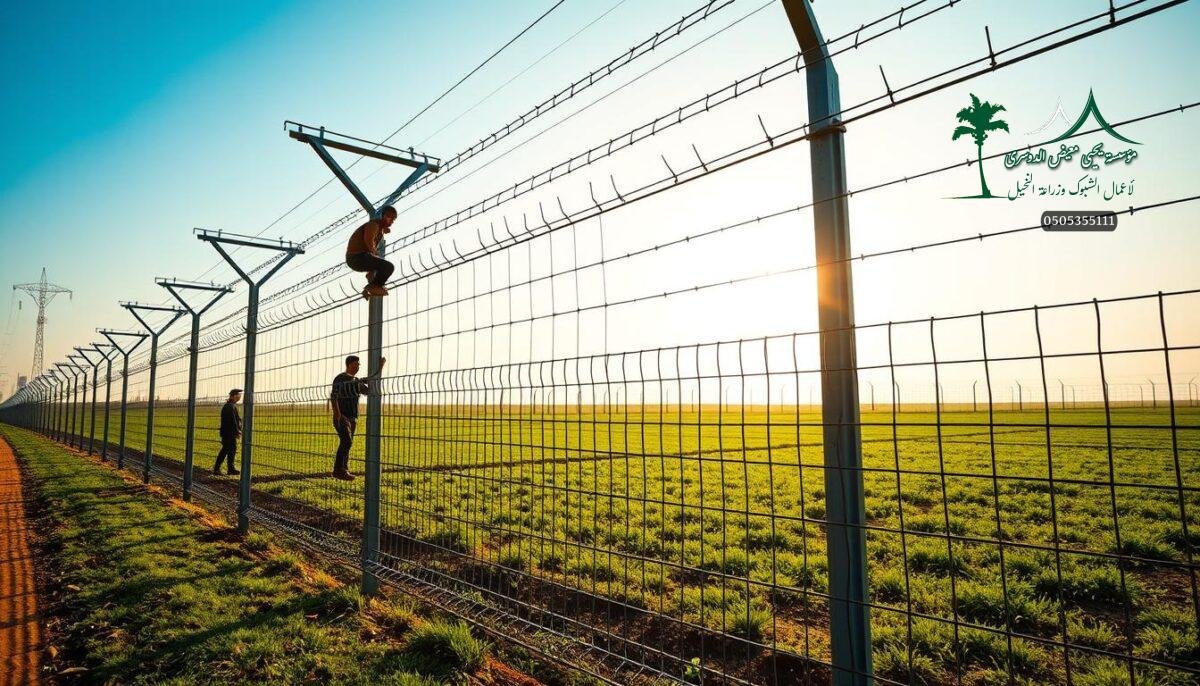 Towering electric and barbed wire fences stand tall, creating a formidable barrier on a modern Saudi Arabian farm. Sturdy steel posts and tightly woven metal mesh form a secure perimeter, as skilled workers meticulously install each component. The fences cast long shadows, evoking a sense of protective vigilance across the verdant landscape. Bright sunlight filters through the intricate grid, casting a warm glow and highlighting the rugged, industrial aesthetic. This advanced security system promises to safeguard the property, deterring any potential threats and ensuring the safety of the livestock and crops within.