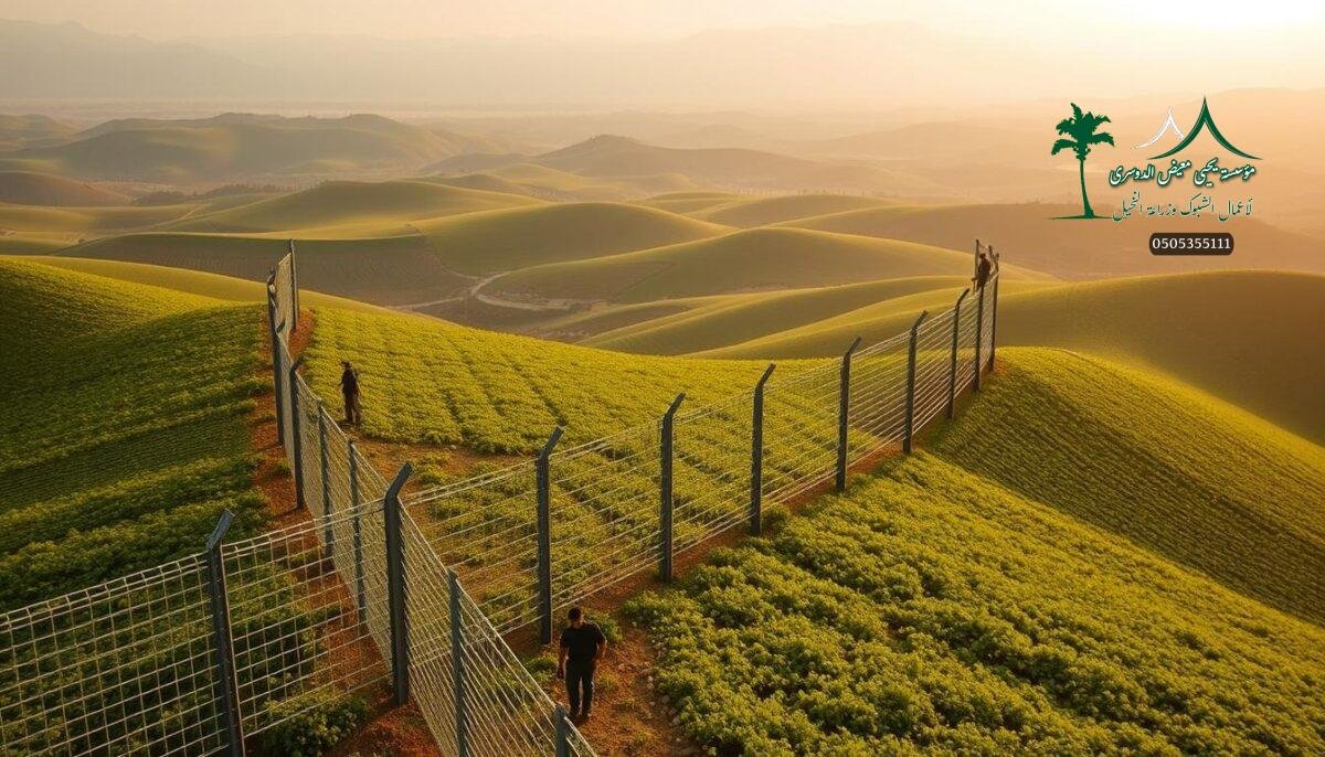 Verdant rolling farmlands of Saudi Arabia, dotted with sturdy, modern farm fences. Rugged metallic mesh panels stretch across the landscape, their sharp lines contrasting with the lush greenery. Skilled workers carefully install the protective barriers, ensuring the security and safety of the agricultural lands. Warm, golden sunlight filters through, casting a soft glow over the scene. The fences stand tall, a testament to the high-quality materials and craftsmanship that safeguard these productive, thriving fields.
