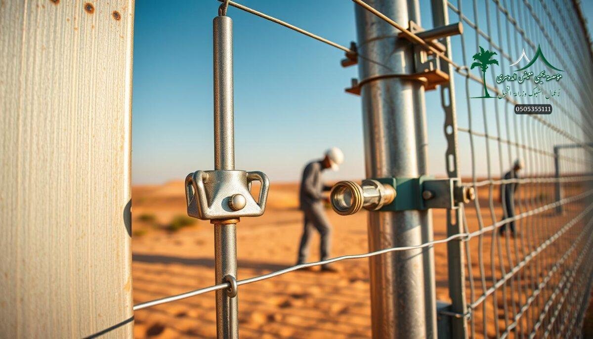 Vivid close-up of various metal fence materials used for modern agricultural fencing in the Ahsa region of Saudi Arabia. Smooth galvanized steel wire mesh panels, sturdy metal posts, and robust connecting hardware shown in crisp detail. Warm desert lighting casts dramatic shadows, conveying the durability and weather resistance of these materials for reliable farm boundary security. Skilled workers carefully assemble the high-quality fencing components in a natural, contextual setting. The overall scene highlights the advanced, corrosion-resistant materials and construction techniques employed for resilient Ahsa farmland enclosures.